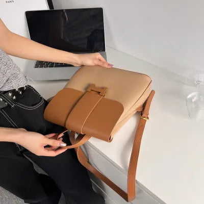 Brown and beige leather women's backpack